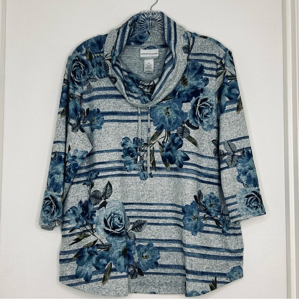 Alfred Dunner Petite PL Blue Floral Stripe Cowl Neck Tunic Snap Side Top Grandma